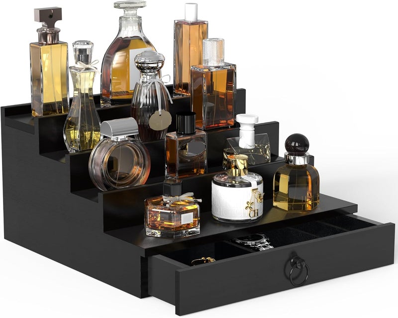 upcessory Cologne Organizer for Men, 4 Tier Black Wood Perfume Organizer with Felt Lining Drawer and Hidden Compartment, Perfume Display Holder, A Gift for Men - Image 1
